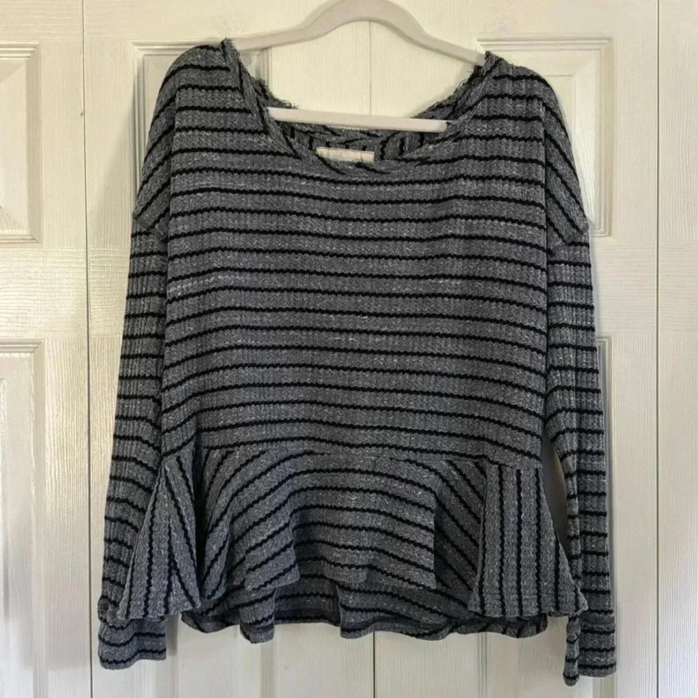 We the Free People Auntie Em Blue Gray Striped Thermal Waffle Knit Peplum size M - Picture 2 of 5